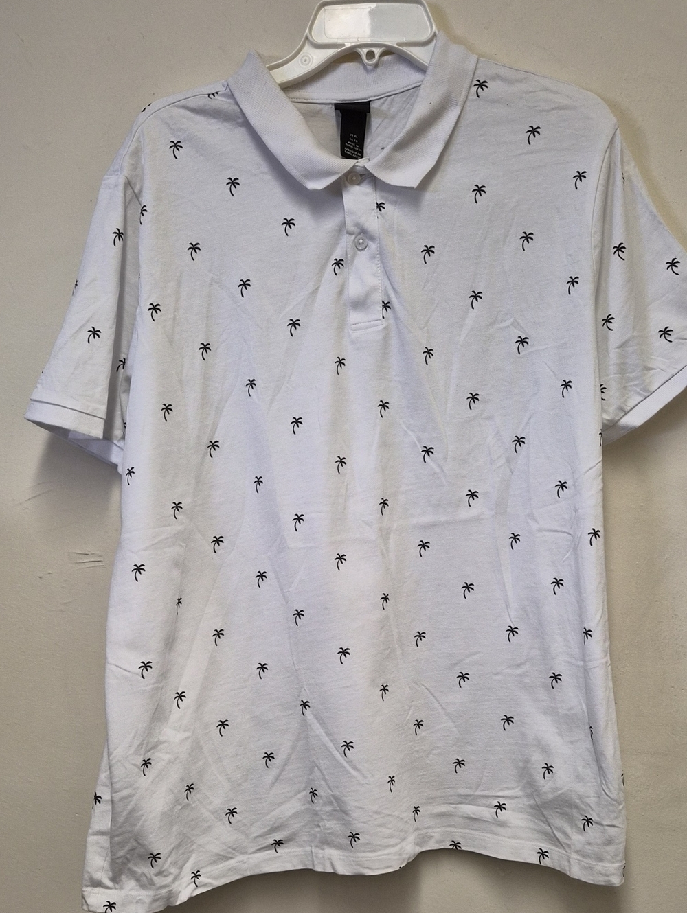 Men's White Polo Shirt with Black Palm Print Size XL